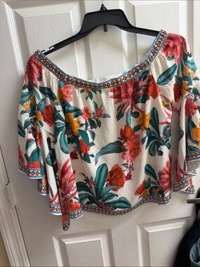 Flying Tomato White Off-Shoulder Top with Pink, Green & Yellow Floral Print